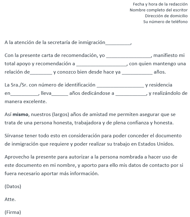 cartas de recomendación para migración ejemplos