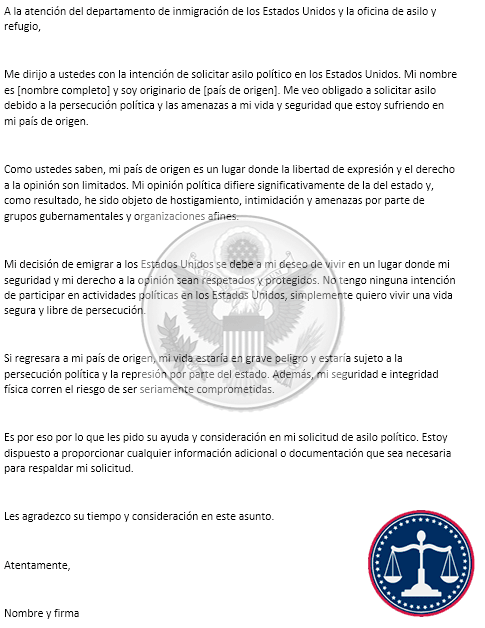 Modelo de carta de solicitud de asilo político en Estados Unidos
