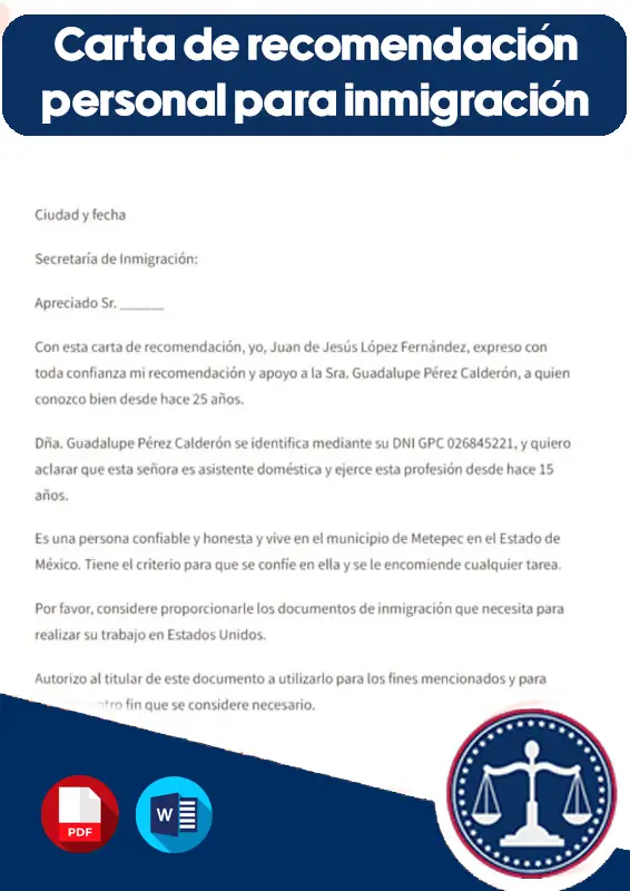 carta de recomendación personal para inmigración